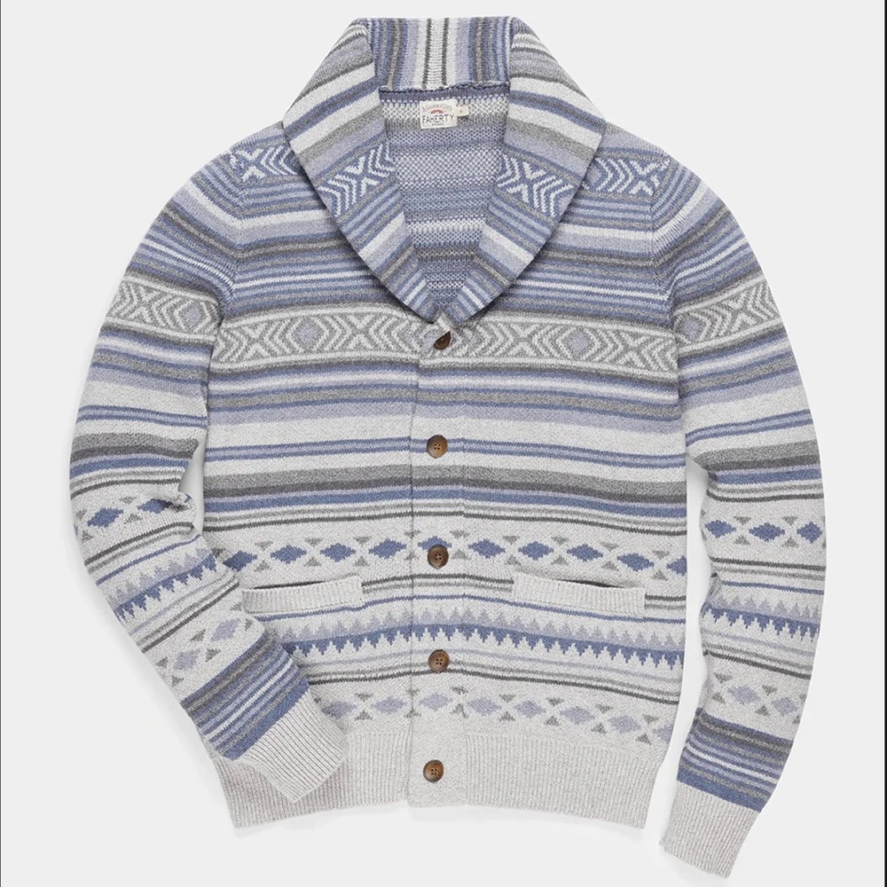 Faherty Brand Heritage Motif Cotton / Cashmere Cardigan - Cloud Sky Geo $298 NWT